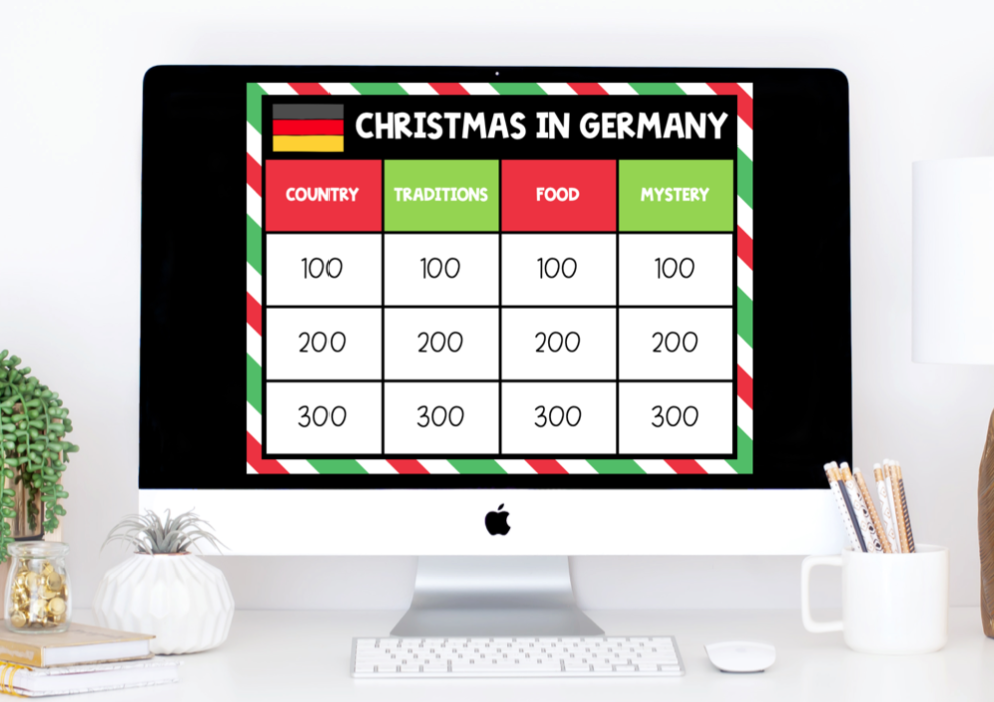 An image of a Google Slides Jeopardy-style quiz game to be used when teaching about Christmas around the world in kindergarten, first grade, or second grade.
