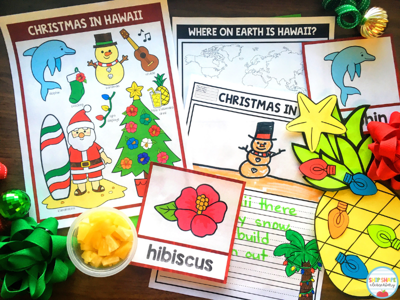 Resources that kindergarten, first grade, second grade, and homeschool teachers can use when teaching about Christmas in Hawaii, Christmas Around the World, and Holidays Around the World.