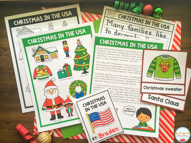 Resources that kindergarten, first grade, second grade, and homeschool teachers can use when teaching about Christmas in the USA or America, Christmas Around the World, and Holidays Around the World.
